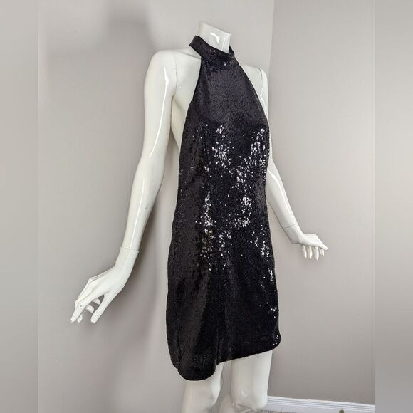 Dynamite Black Sequin Halter Mini Dress Sparkle Party Size Med - Picture 4 of 9